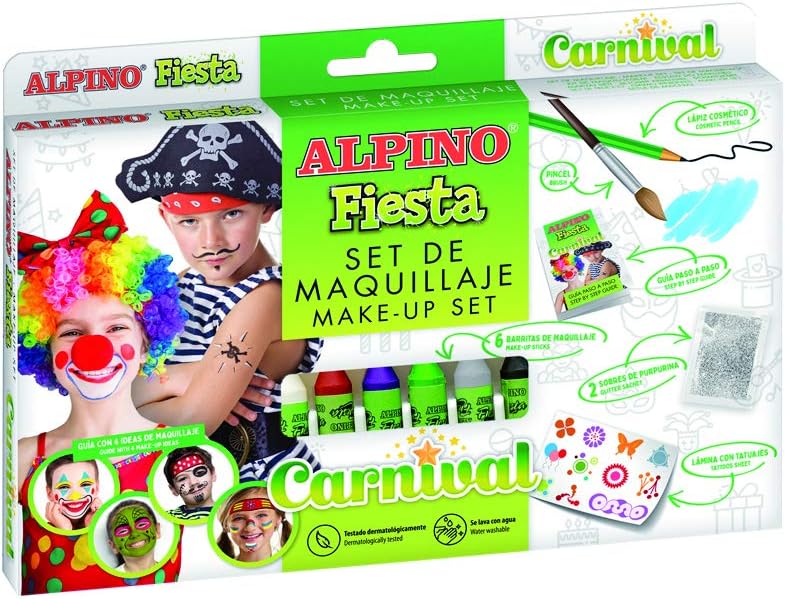 Alpino Fiesta Carnival Pack de Maquillaje con 6 Barritas de Pintura Facial + Pincel + Tatuajes en Calcomania + Lapiz Perfilador y 2 Sobres de Purpurina - Se Lava con Agua - Testado Dermatologicamente