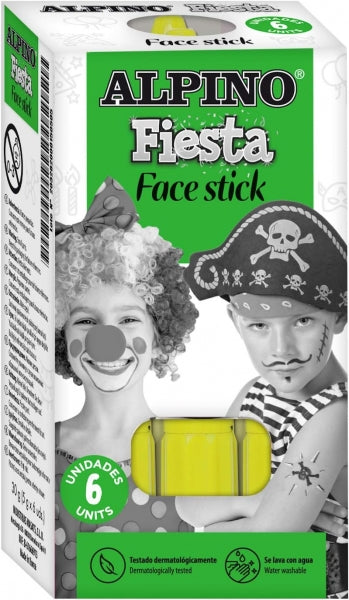 Alpino Fiesta Face Stick Pack con 6 Barritas de Pintura Facial - Sistema Retractil Giratorio - Se Lava con Agua - Testado Dermatologicamente - Color Amarillo