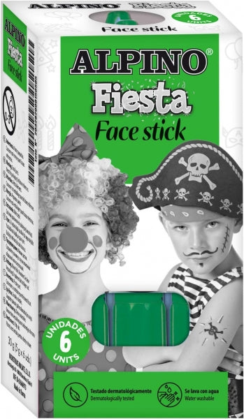 Alpino Fiesta Face Stick Pack con 6 Barritas de Pintura Facial - Sistema Retractil Giratorio - Se Lava con Agua - Testado Dermatologicamente - Color Verde