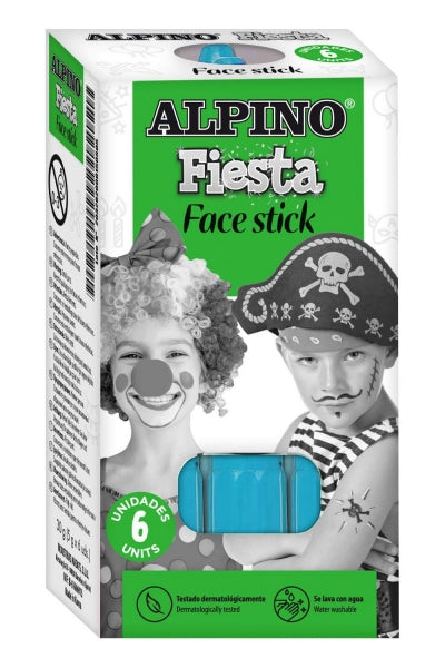 Alpino Fiesta Face Stick Pack con 6 Barritas de Pintura Facial - Sistema Retractil Giratorio - Se Lava con Agua - Testado Dermatologicamente - Color Azul Cyan