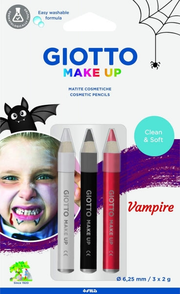 Giotto Make Up Vampire Pack con 3 Lapices Cosmeticos de Tematica Vampiro - Se Lava con Agua - Dermatologicamente Testado - Colores Surtidos