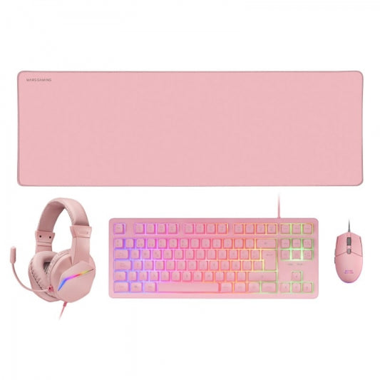 Mars Gaming MCP-RGB3 Combo Gaming 4en1 - Teclado TKL H-Mech - Raton 3200 DPI RGB - Auriculares FRGB con Cancelacion de Ruido - Alfombrilla XXL Antideslizante - Color Rosa