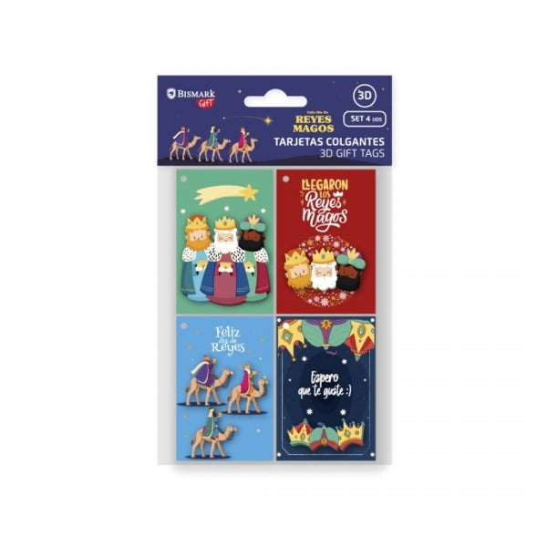 Bismark Pack de 4 Tarjetas de Felicitacion Navideña - Diseño con Relieve - Tamaño Cerrada 6x8cm,Abierta 12cm - Se Pueden Colgar - Incluyen Cordon