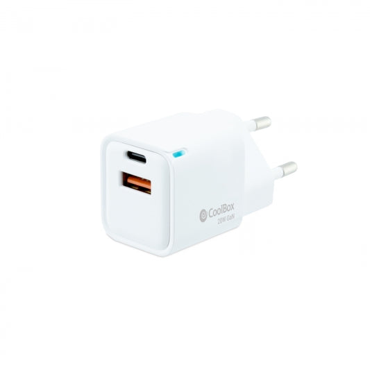 Coolbox Cargador de Pared 20W QC3.0 + PD - USB-A + USB-C - Carga Rapida - Tecnología GaN - Color Blanco