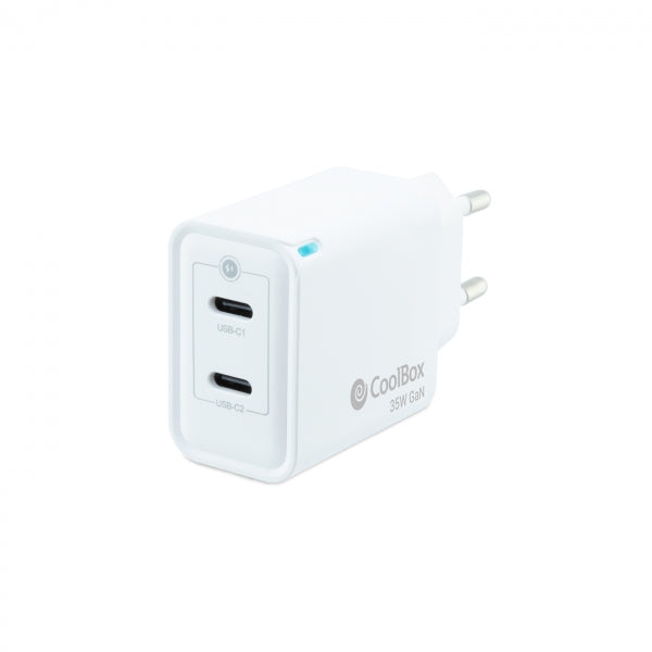 Coolbox Cargador de Pared 35W QC3.0 + PD - 2xUSB-C - Carga Rapida - Tecnología GaN - Color Blanco