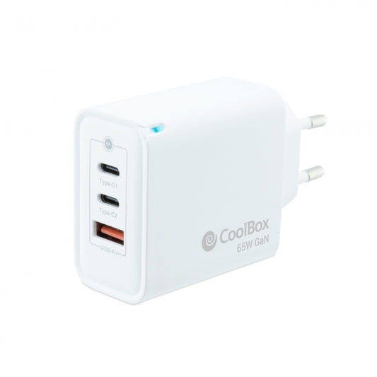 Coolbox Cargador de Pared 65W QC3.0 + PD - USB-A + 2xUSB-C - Carga Rapida - Tecnología GaN - Color Blanco