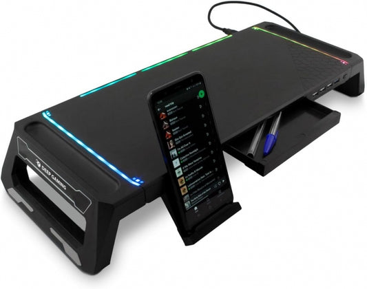 DeepGaming SN06 Soporte para Monitor - Ajustable 2 Alturas - Iluminacion RGB - 3 Puertos USB 2.0 + 1 Puerto USB 3.0 - Color Negro