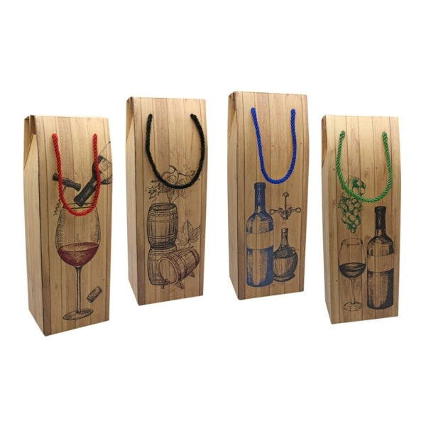 Bismark Caja/Bolsa de Carton con Asa para Botellas - Acabado Efecto Madera - Medidas 12,5x10x36cm - 4 Diseños Surtidos - Cantidad: 12