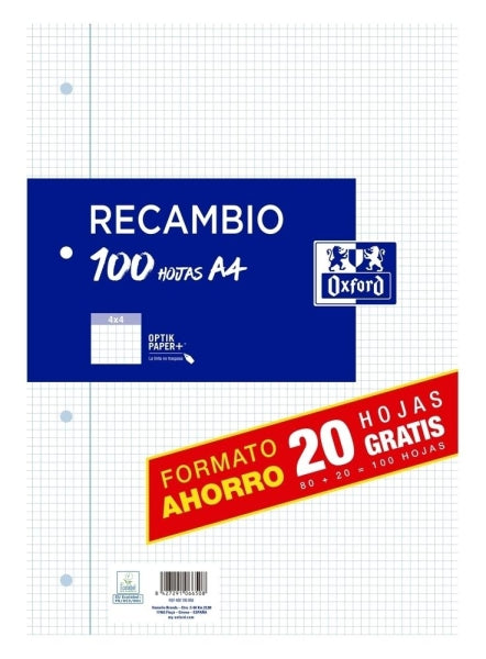 Oxford Recambio Formato A4 Cuadriculado 4x4mm 4 Taladros - 80 Hojas + 20 Gratis 90gr con Margen