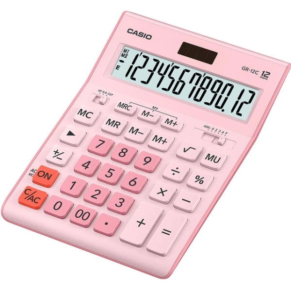 Casio GR-12C Calculadora de Sobremesa de 12 Digitos - Pantalla Extragrande - Simbolos de Comando de Funcion - Alimentacion Solar y Pilas - Color Rosa