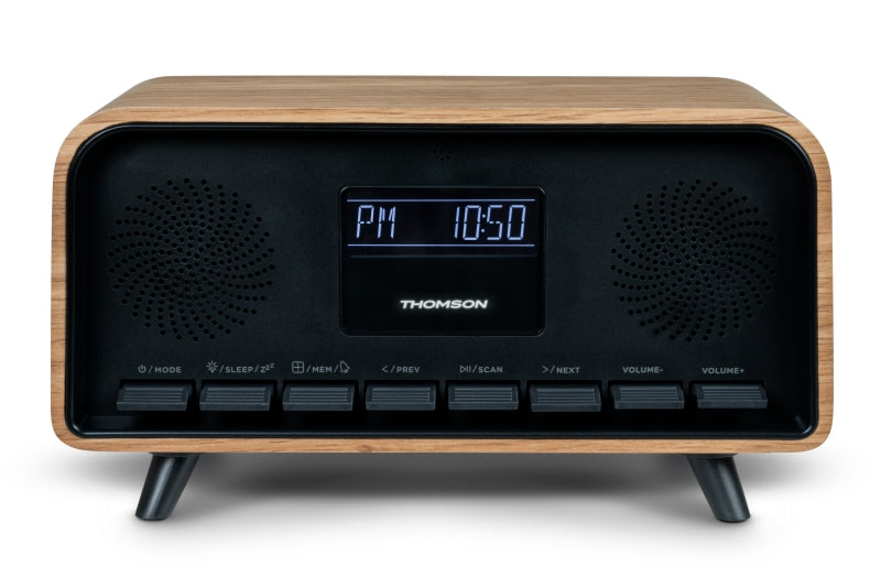 Thomson RT850BT Altavoz Retro Bluetooh - Radio Reloj Despertador - Potencia musical 30W - Color Madera/Negro