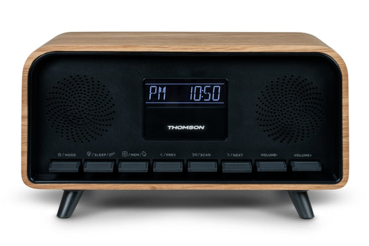 Thomson RT850BT Altavoz Retro Bluetooh - Radio Reloj Despertador - Potencia musical 30W - Color Madera/Negro