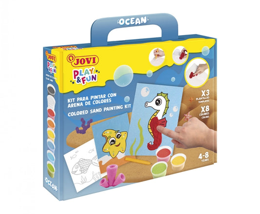 Jovi Play & Fun Kit Pinta con Arena Ocean con 8 Botes de Arena + 1 Punzon + 3 Laminas con Diseños de Animales Acuaticos - Colores Surtidos