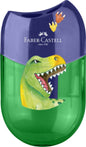 Faber-Castell Dinosaurio Sacapuntas de 2 Orificios con Deposito - Diseño Atractivo de Dinosaurio - Color Verde/Azul