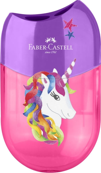Faber-Castell Unicornio Sacapuntas de 2 Orificios con Deposito - Diseño Atractivo de Unicornio - Color Rosa/Violeta