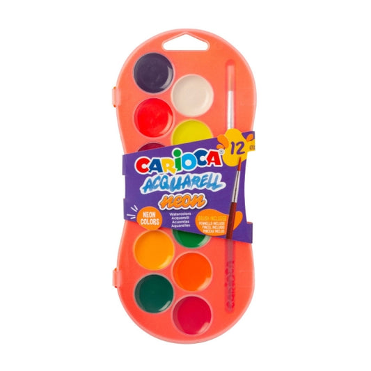 Carioca Acuarell Neon Pack de 12 Acuarelas en Pastillas de Ø 30mm - Brillantes - Facilmente Mezclabl