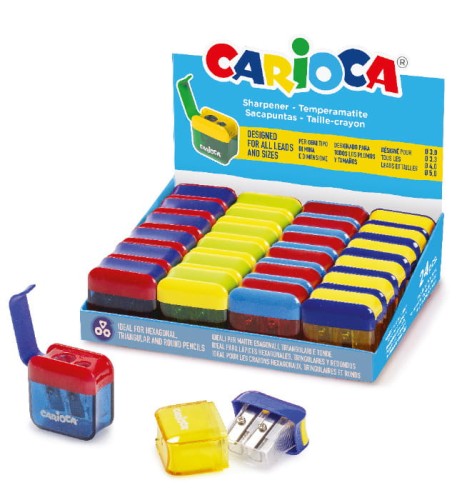 Carioca Expositor con 24 Minisacapuntas de 2 Orificios con Deposito - Tapon de Seguridad en la Cuchilla - Colores Aleatorios Surtidos