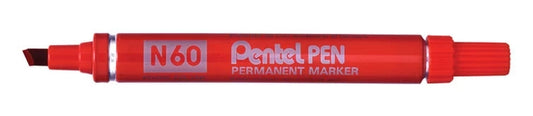 Pentel Pen N60 Rotulador Permanente - Punta Biselada Resistente y Duradera - Resistente a Agua y Luz - Color Rojo - Cantidad: 12
