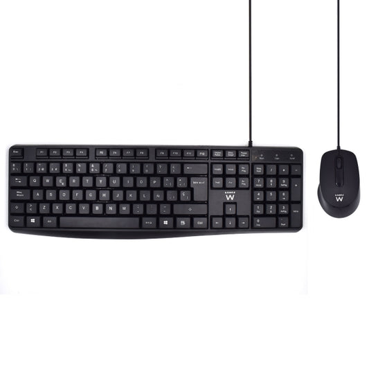 Ewent Paquete con Cable KB+RATON - Teclado de Oficina -Cable USB-A de 1.35m - Raton de oficina - 1000dpi - Cable USB-A de 1.35m - Color Negro
