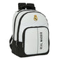 Safta Real Madrid 1ª Equip. 24/25 Mochila de 2 Compartimentos 21.5L - Tamaño 32x16x42cm - 2 Compartimentos Grandes y Bolsillo Frontal - Adaptable a Carro Portamochilas - Asa de Mano - Color Blanco/Negro
