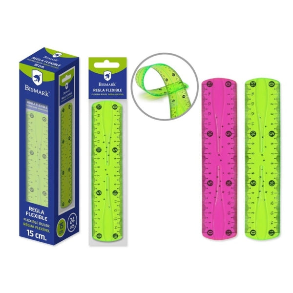 Bismark Regla Flexible 15cm - Fabricada en PVC - Ideal para Colegio - Colores Rosa y Verde Aleatorios