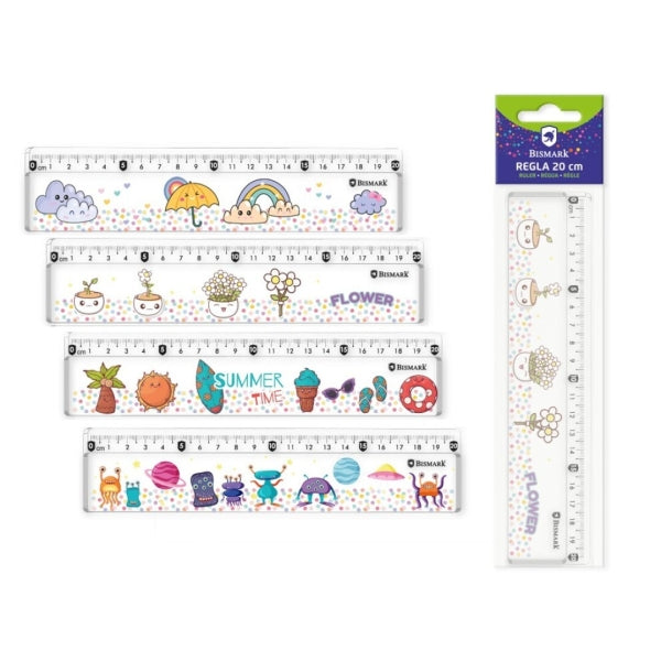 Bismark Regla 20cm con Bolitas de Colores en su Interior - Fabricada en Plastico - Ideal para Colegio - 4 Diseños Diferentes - Cantidad: 24