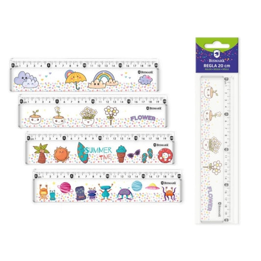 Bismark Regla 20cm con Bolitas de Colores en su Interior - Fabricada en Plastico - Ideal para Colegio - 4 Diseños Diferentes - Cantidad: 24