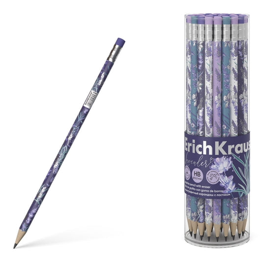 Erichkrause Lavanda Lapiz de Grafito Triangular HB - Goma de Borrar - 4 Diseños Surtidos - Cantidad: 42