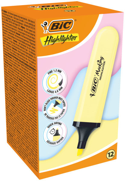 Bic Marking Highlighter Flat Marcador Fluorescente - Punta Biselada - Trazo entre 1.20 y 4.60 mm - Tinta con Base de Agua - Color Amarillo Pastel - Cantidad: 12
