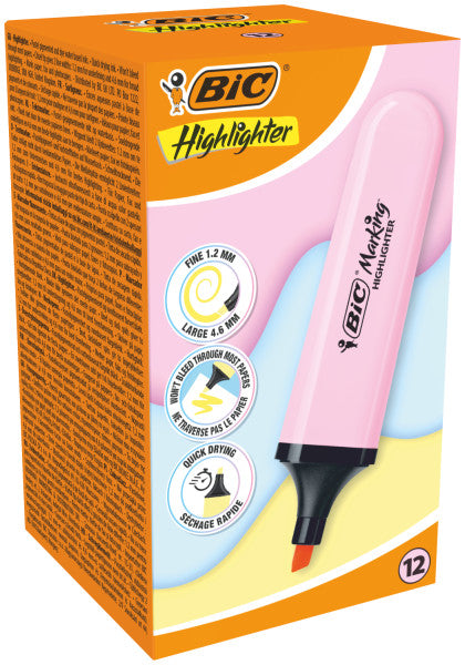 Bic Marking Highlighter Flat Marcador Fluorescente - Punta Biselada - Trazo entre 1.20 y 4.60 mm - Tinta con Base de Agua - Color Rosa Pastel - Cantidad: 12