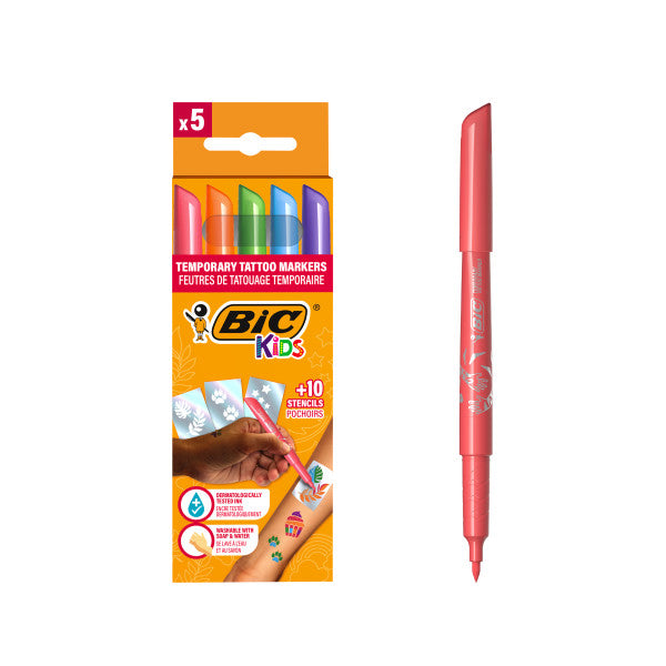 Bic Kids Tatuajes Pack de 5 Rotuladores + 10 Plantillas para Tatuajes Temporales - Tinta Dermatologicamente Testada y Sin Perfume - Colores Surtidos