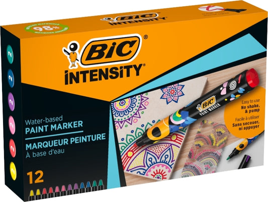 Bic Intensity Pack de 12 Marcadores de Pintura - Punta Media - Tinta con Base de Agua - 98% de Materiales Reciclados - Colores Vivos Surtidos