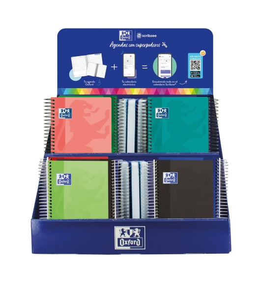 Oxford Basicos Expositor de 38 Agendas Escolares 25/26 Espiral - Incluye Agendas de Dia Pagina y Semana Vista - Diseños Surtidos