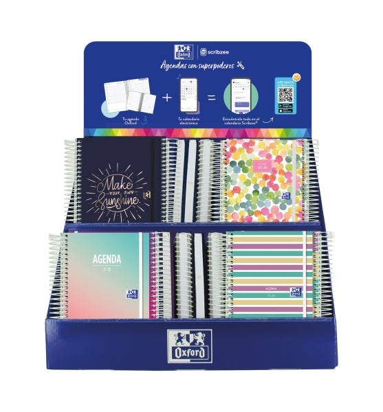 Oxford Impulso Expositor de 38 Agendas Escolares 25/26 Espiral - Incluye Agendas de Dia Pagina y Semana Vista - Diseños Surtidos