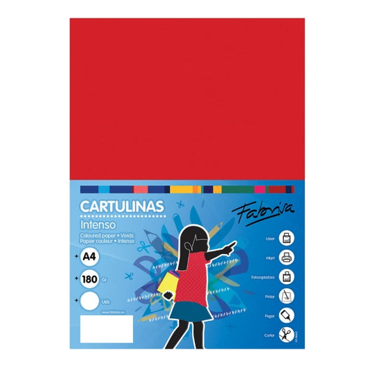 Fabrisa Pack de 50 Cartulinas 180 g/m² - Tamaño A4 - Color Rojo