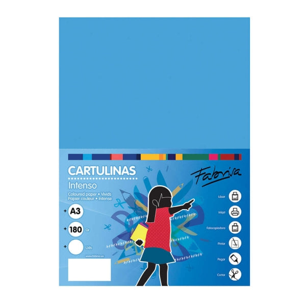 Fabrisa Pack de 25 Cartulinas 180 g/m² - Tamaño A3 - Color Azul Turquesa