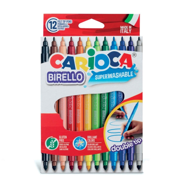 Carioca Birello Pack de 12 Rotuladores - Doble Punta Fina y Media - Tinta Superlavable No Toxica - Lavable de la Piel y Tejidos con Agua y sin Jabon - Color Varios