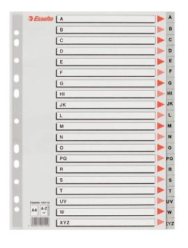 ESSELTE ABECEDARIO SEPARADOR MULTITALADRO A-Z  POLIPROPILENO A4 GRIS CON CARÁTULA ÍNDICE CARTÓN COLOR