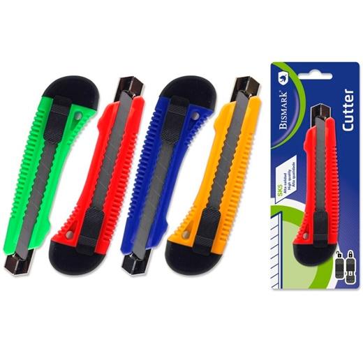 BISMARK CUTTER ANCHO / CUCHILLA FRACTURABLE DE 18 MM / SISTEMA BLOQUEO CUCHILLA INTERCAMBIABLE GUIA METÁLICA BLISTER COLORES SURTIDOS
