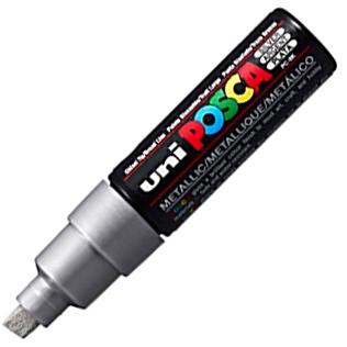 Posca PC-8K Marcador de Pintura - Punta Biselada Acrilica 8mm - Tinta Base al Agua - No Permanente - Resistente a la Luz - Color Plata Metálico