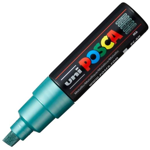 Posca PC-8K Marcador de Pintura - Punta Biselada Acrilica 8mm - Tinta Base al Agua - Resistente a la Luz - No Permanente - Color Verde Metálico
