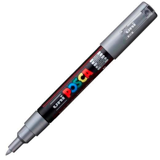 Posca PC-1M Marcador de Pintura - Punta de Poliester Conica 0.7mm - Tinta Base al Agua - Resistente a la Luz - Color Plata