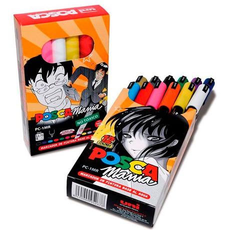 Posca PC-1MR Pack de 12 Marcadores de Pintura - Punta Roller de Fibra 0.7mm - Tinta Base al Agua - Resistente a la Luz - No Permanente - Colores Surtidos
