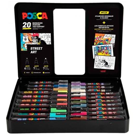 Posca Maleta Metalica con 20 Marcadores de Pintura - Surtido en Color y Trazo - Punta de Poliester - Tinta Pigmentada Base Agua - Resistente a la Luz - Incluye Laminas y Consejos de Dirty Harry - Colores Surtidos