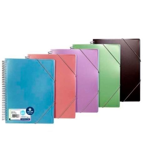 CARCHIVO CARPETA METAL ESPIRAL PP 30 FUNDAS A4 CIERRE C/GOMAS COLORES METALICOS SURTIDOS