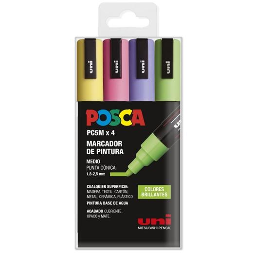 Posca PC-5M Estuche de 4 Marcadores de Pintura - Punta de Bala 1.8-2.5mm - Tinta Base al Agua - Resistente a la Luz - Color Surtido