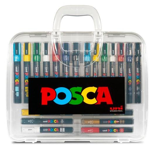 Posca Maleta de Plastico con 20 Marcadores de Pintura - Punta de Poliester - Tinta Pigmentada Base Agua - No Permanente - Resistente a la Luz - Colores y Grosores Surtidos